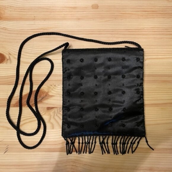 Black beaded cocktail/ evening purse w/ beaded fringe, 6" X 6", like new - Picture 2 of 2
